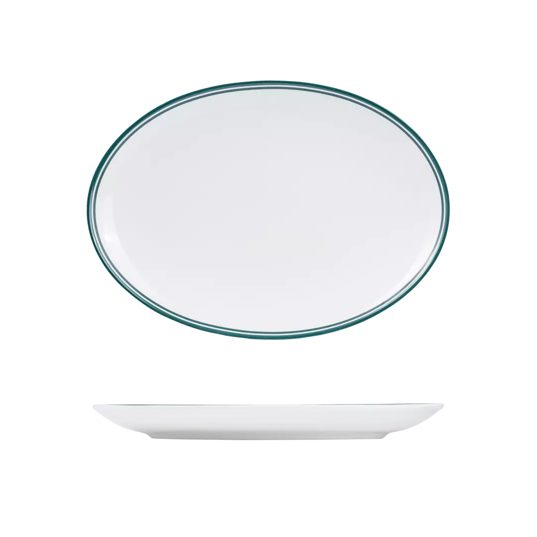 RAK Porcelain Nano Cru Green Oval Coupe Plate Green Double Line NOP32-G