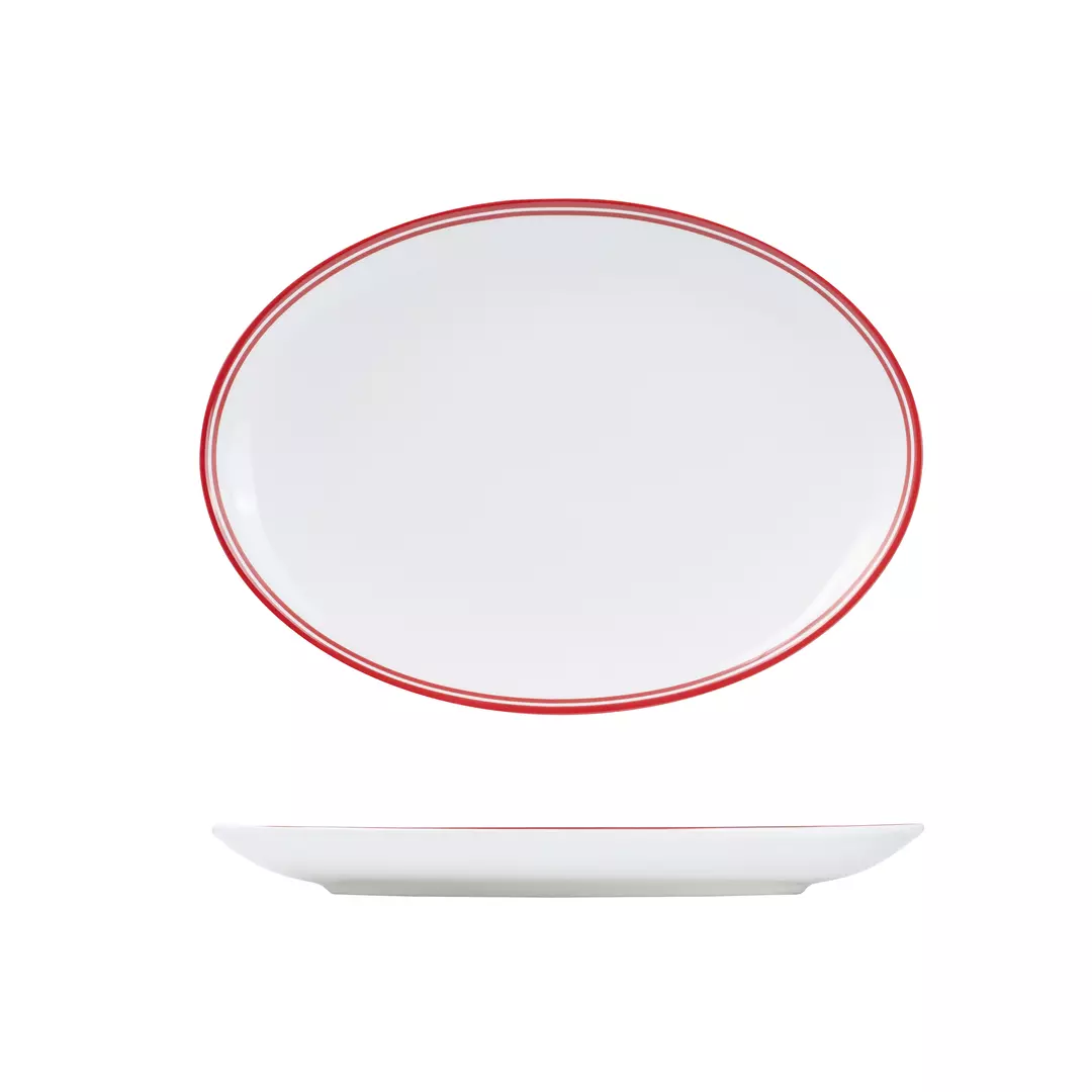 RAK Porcelain Nano Cru Red Oval Coupe Plate Red Double Line NOP32-R